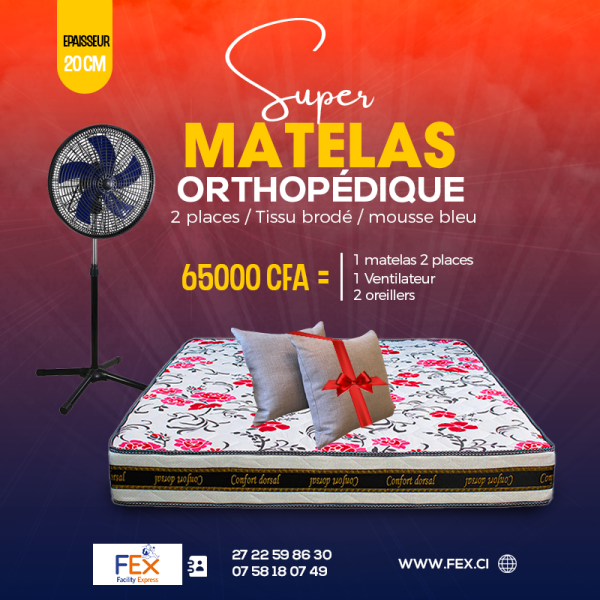 Matelas Orthopédique 2  places + 2 oreillers + 1 ventilateur